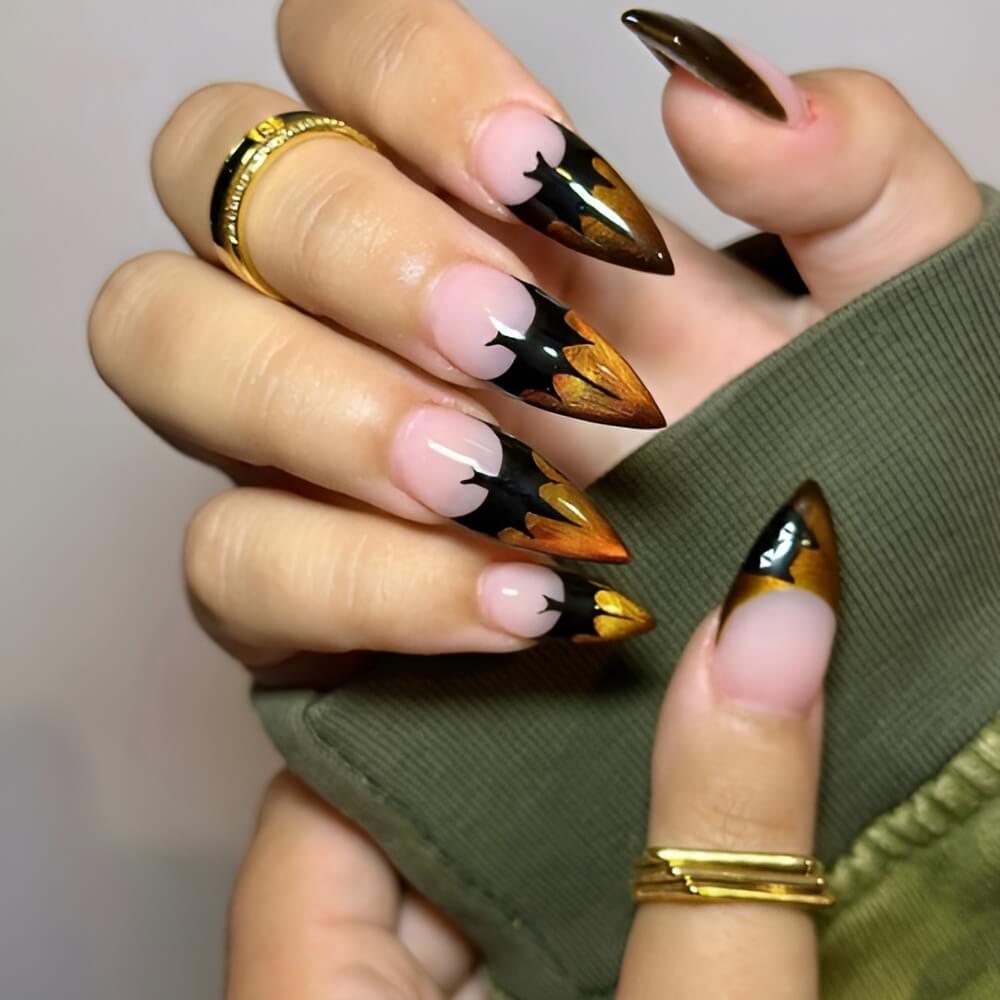 French tip Halloween nails with black bat details – classy and spooky Halloween nail idea. Beautiful Halloween nails ideas