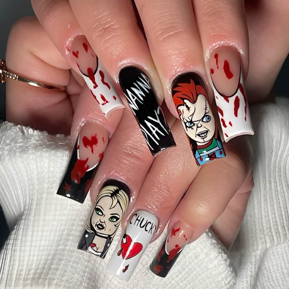 Chucky and his bride Tiffany Halloween nail art with horror-inspired details Beautiful Halloween nails ideas