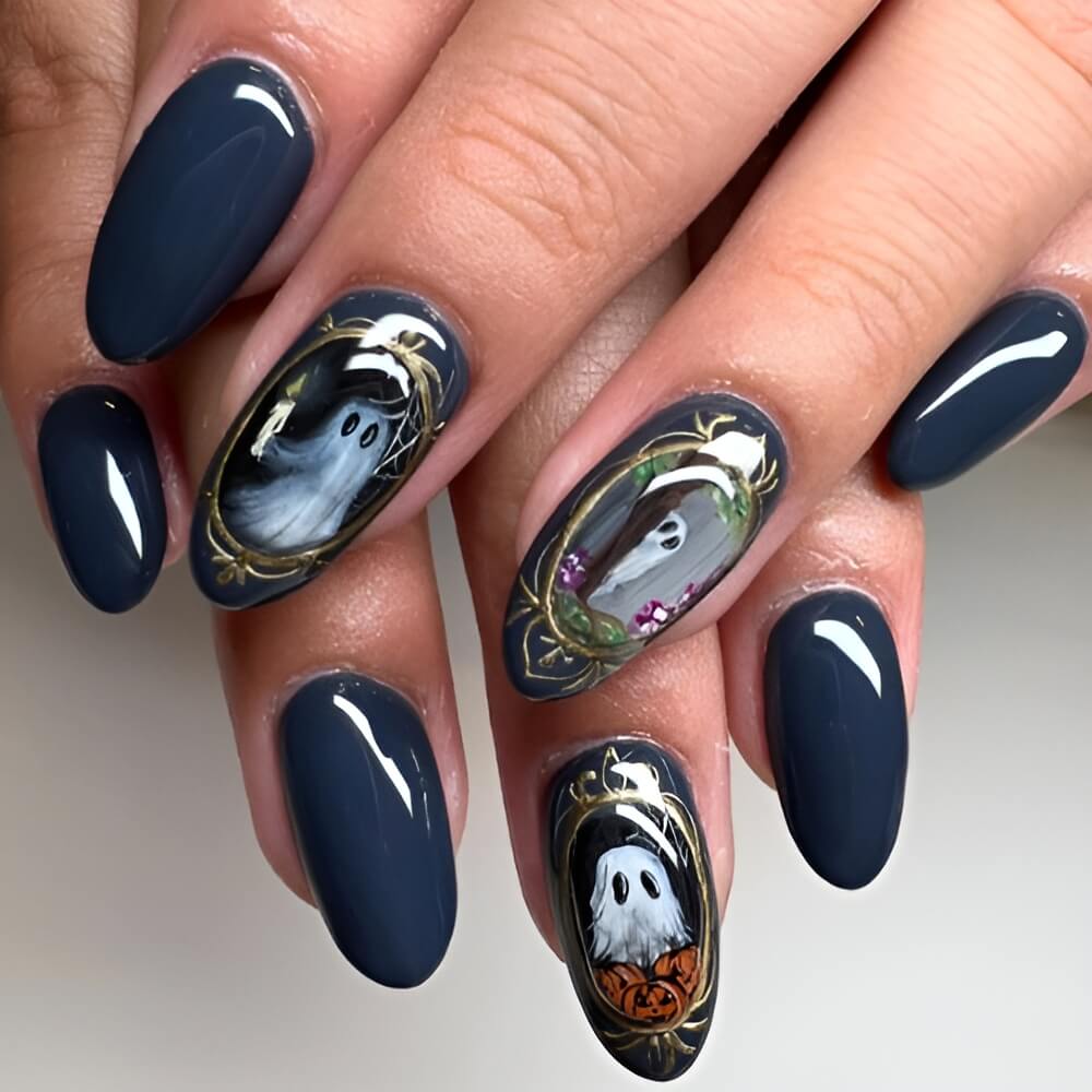 Ghost story-themed Halloween nails featuring haunted house details – spooky nail art for Halloween lovers. Beautiful Halloween nails ideas
