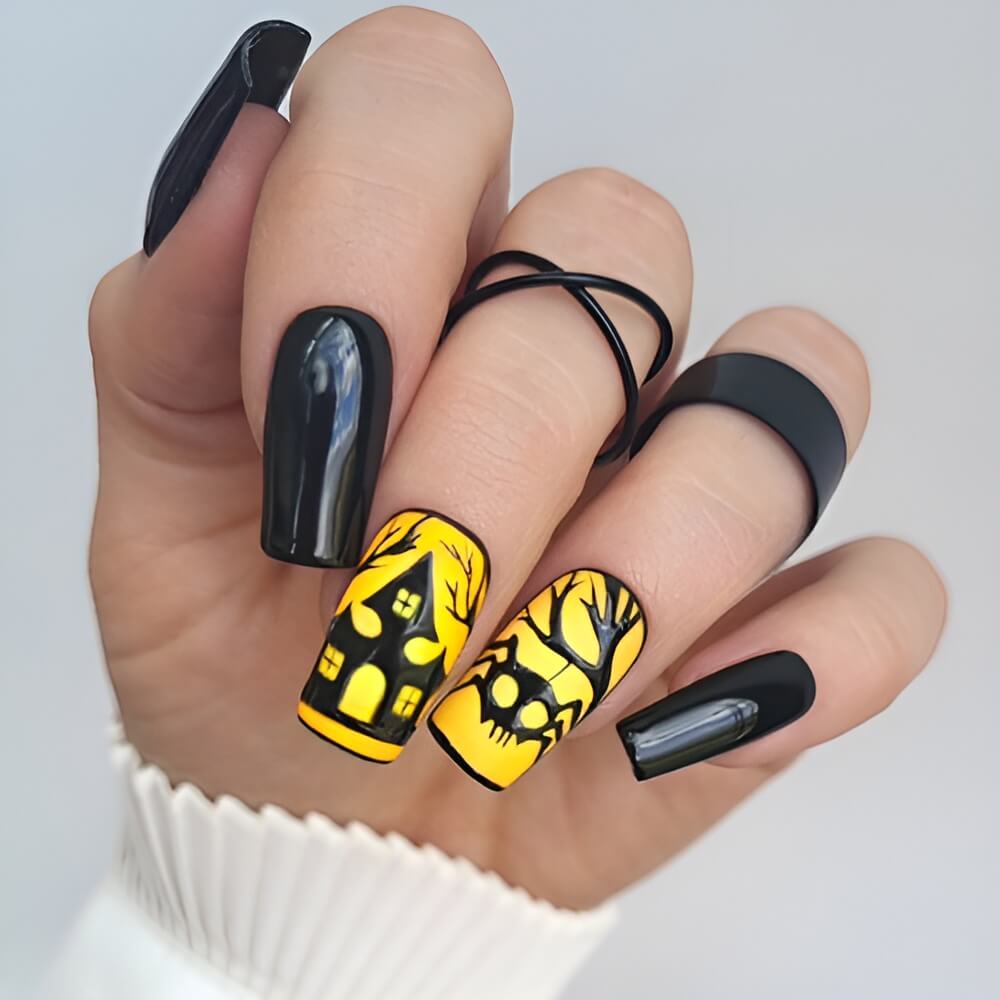 Spooky haunted mansion Halloween nails – detailed nail art inspired by Halloween horror themes.