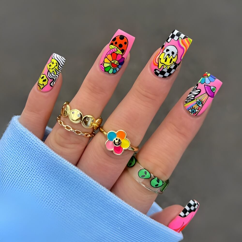 Hippy colorful Halloween nails – vibrant and funky nail art for a playful spooky vibe.