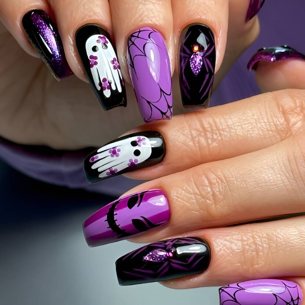 Dark purple and black Halloween nails with eerie spooky vibes – moody Halloween nail idea.