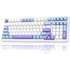 Aesthetic mechanical keyboard with pastel keys and RGB lights to upgrade your desk setup. Best Amazon office must-have.