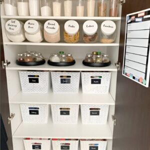 Dry erase and chalkboard labels used on pantry containers and bins. Small pantry organization