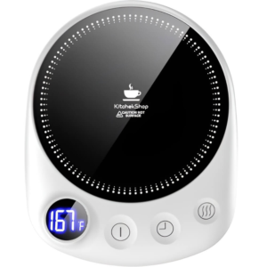 Electric mug warmer keeping coffee hot on a home office desk – Amazon office must-have.