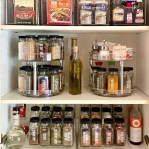 Lazy Susan used in a small pantry corner to organize sauces and condiments. Small pantry organization