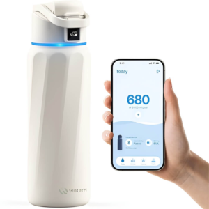 Water bottle with hourly markers to stay hydrated during work hours.