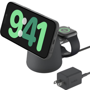 Dual phone stand and wireless charger keeping your desk organized and charged up. Best Amazon office must-have.