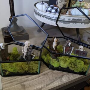 Mini glass terrariums filled with moss, skulls, and creepy figures for Halloween table decor. Halloween Decor