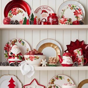 Holiday kitchen decorated with Christmas-themed dishware and festive plates on display. Christmas Kitchen Decoration