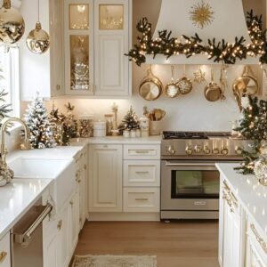 Warm Christmas fairy lights decorating a holiday kitchen for a magical festive glow.