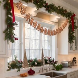 Kitchen cabinets decorated with Christmas garland for a cozy holiday kitchen look. Christmas Kitchen Decoration
