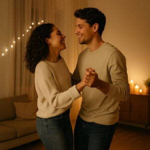 Happy couple dancing together in the living room during a fun and romantic at-home date night.