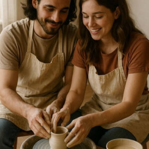 Couple creating pottery together with air-dry clay during a fun DIY at-home date night.