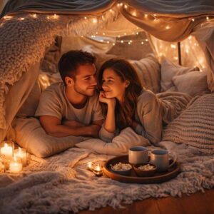 Couple building a cozy blanket fort in the living room for a cute and playful at-home date night.