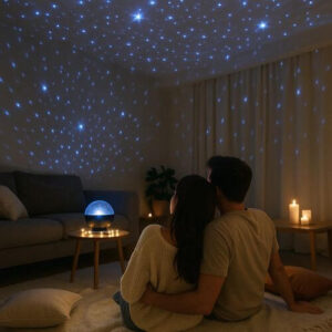 Couple relaxing under soft fairy lights and a star projector for a romantic indoor stargazing date.