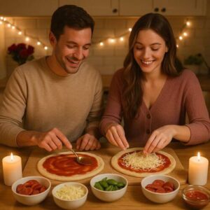 Romantic couple making homemade pizzas together in a cozy kitchen for a fun at-home date night.