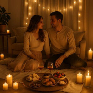 Cozy indoor picnic setup with blankets, pillows, and snacks for a romantic at-home date.