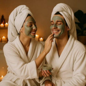 Couple enjoying a relaxing spa night at home with face masks, candles, and cozy robes.
