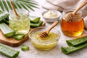 Aloe vera and honey hair mask to hydrate the scalp and support healthy hair growth.