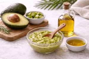 Avocado and olive oil hair mask for dry brittle hair and healthy hair growth. DIY Hair Masks for Hair Growth