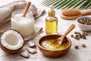 DIY coconut oil and castor oil hair mask for hair growth and dry scalp nourishment. DIY Hair Masks for Hair Growth