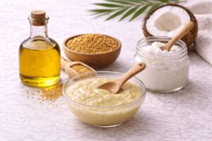 Mustard oil and coconut oil hair mask to stimulate scalp circulation and hair growth. DIY Hair Masks for Hair Growth
