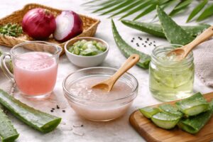 Onion juice and aloe vera DIY hair mask for hair growth and scalp health. DIY Hair Masks for Hair Growth