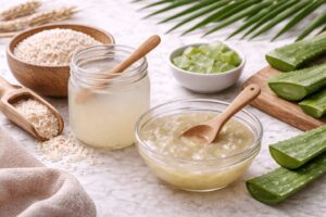 Rice water and aloe vera hair mask to strengthen hair and reduce breakage.