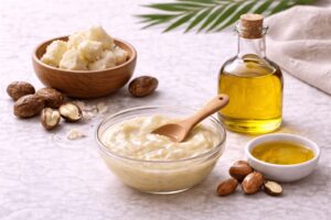Shea butter and argan oil hair mask for dry curly hair and moisture retention.