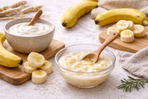 Yogurt and banana DIY hair mask to strengthen weak hair and reduce frizz.