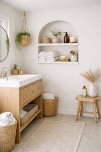 Arched wall shelves in a modern bathroom styled with rolled towels, candles, plants, and neutral decor Bathroom Shelves Ideas