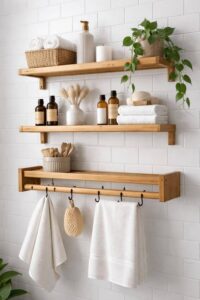 Bamboo shelves bringing natural warmth to a bathroom space. Bathroom Shelf Ideas