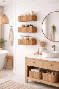 Basket wall shelves used for decorative and functional bathroom storage. Bathroom Shelf Ideas