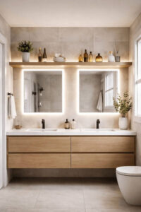 Bathroom shelf paired with LED mirror lighting underneath.