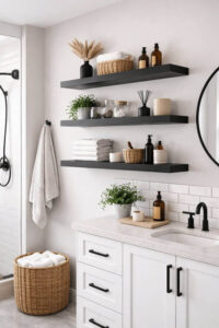 Modern black shelves adding contrast to a neutral bathroom. Bathroom Shelf Ideas