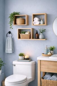 Light blue bathroom with wall-mounted cube shelves styled with towels, plants, and simple decor for a clean and organized look Bathroom Shelves Ideas
