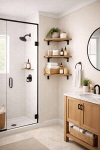 Corner wall shelves maximizing storage in a small bathroom.