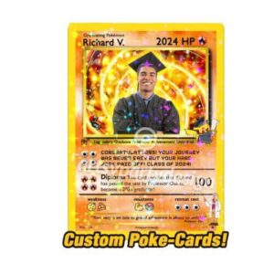 Custom Pokémon style card graduation gift for him featuring personalized character and special abilities. Graduation Gifts for Him