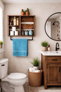DIY pallet wood shelves creating budget-friendly bathroom storage.