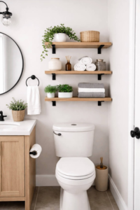 Floating wooden shelves installed above a toilet for stylish bathroom storage Bathroom Shelf Ideas