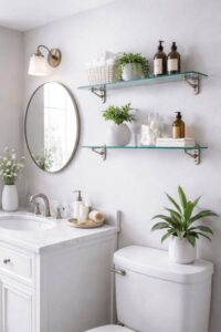 Glass bathroom shelves supported by metal brackets for a sleek look.