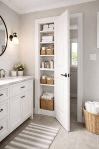 Hidden shelves installed behind a bathroom door for discreet storage.