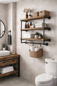 Industrial pipe shelving adding a rustic touch to a bathroom.