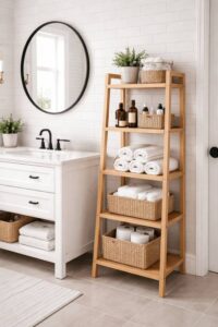 Leaning ladder shelf used as stylish storage in a bathroom. Bathroom Shelf Ideas