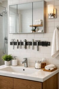 Magnetic strip shelf used to organize small bathroom essentials.