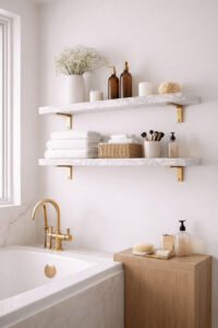 Marble bathroom shelves offering an elegant and luxurious feel. Bathroom Shelf Ideas