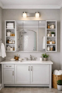Mirrored medicine cabinet with open shelves in a contemporary bathroom. Bathroom Shelf Ideas