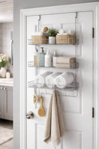 Over-the-door shelf rack providing extra bathroom storage without drilling.