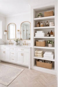 Recessed built-in shelves neatly integrated into a modern bathroom wall. Bathroom Shelf Ideas